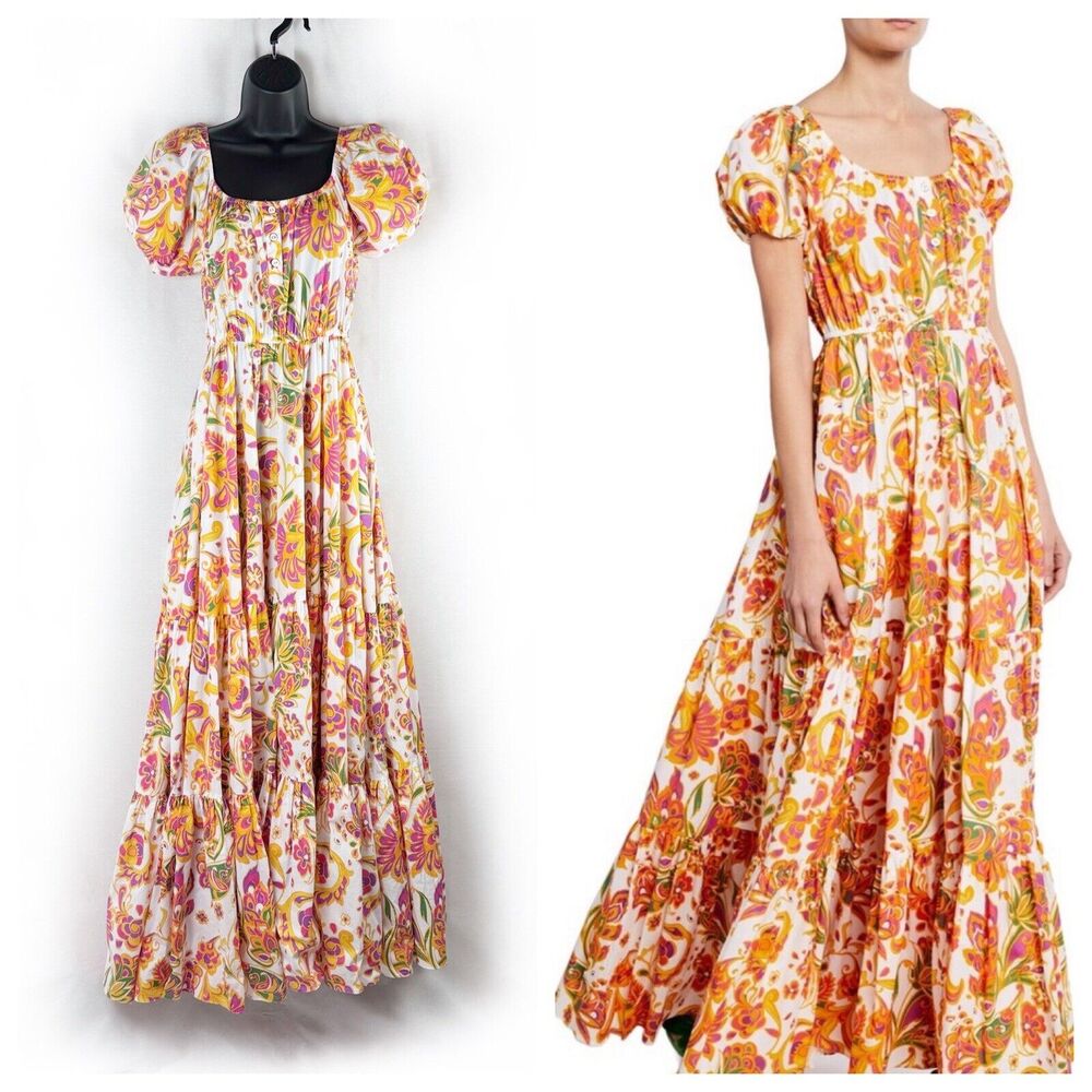 Caroline Constas Bardot Maxi Dress Orange Floral Paisley Puff Sleeve Boho Medium